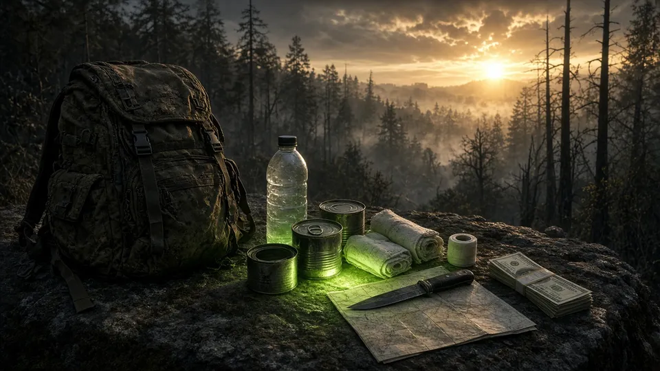 Kit de bienvenida con agua, comida, vendas y dinero sobre una roca al amanecer