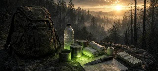 Kit de bienvenida con agua, comida, vendas y dinero sobre una roca al amanecer