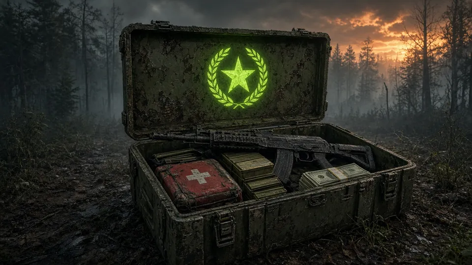 Caja de recompensas con el emblema de fama abierta en el bosque