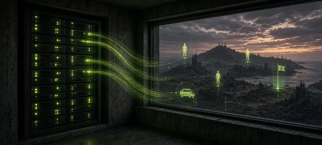Rack de servidor enviando datos hacia el mapa del juego con jugadores y vehículos marcados
