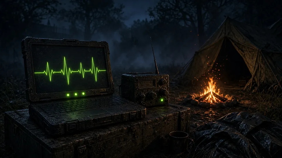 Laptop de campaña mostrando un pulso de latido verde junto a una radio
