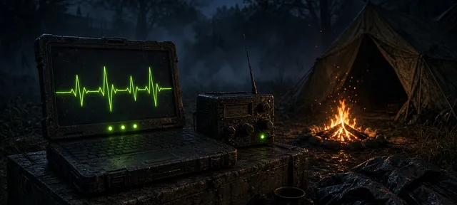 Laptop de campaña mostrando un pulso de latido verde junto a una radio