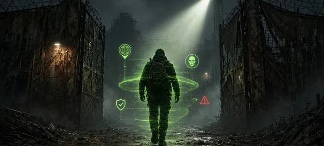 Jugador cruzando un puesto de control mientras un escaneo revela IP, VPN y alertas