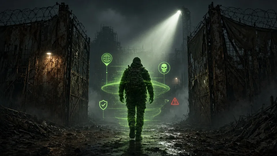 Jugador cruzando un puesto de control mientras un escaneo revela IP, VPN y alertas