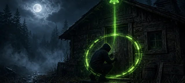 Intruso forzando la puerta de una base mientras una alarma envía la señal al cielo