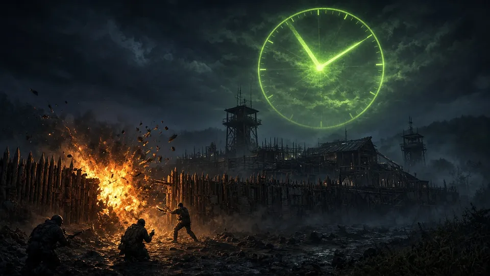 Raid nocturno a una base bajo un enorme reloj holográfico que marca el horario permitido
