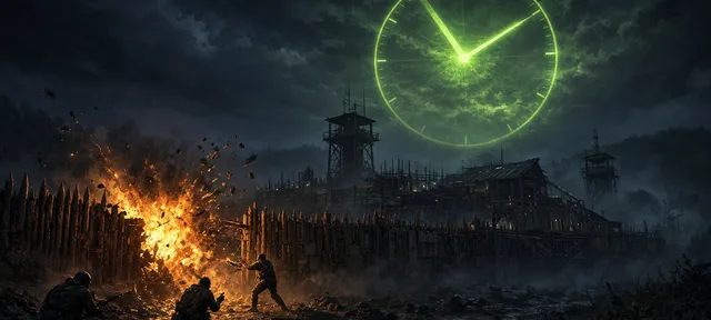 Raid nocturno a una base bajo un enorme reloj holográfico que marca el horario permitido