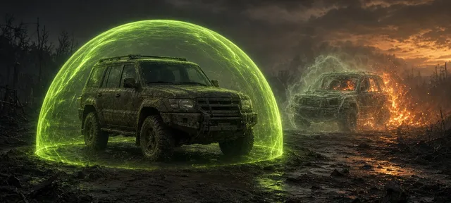 Todoterreno protegido por una cúpula verde junto al fantasma del mismo vehículo en llamas